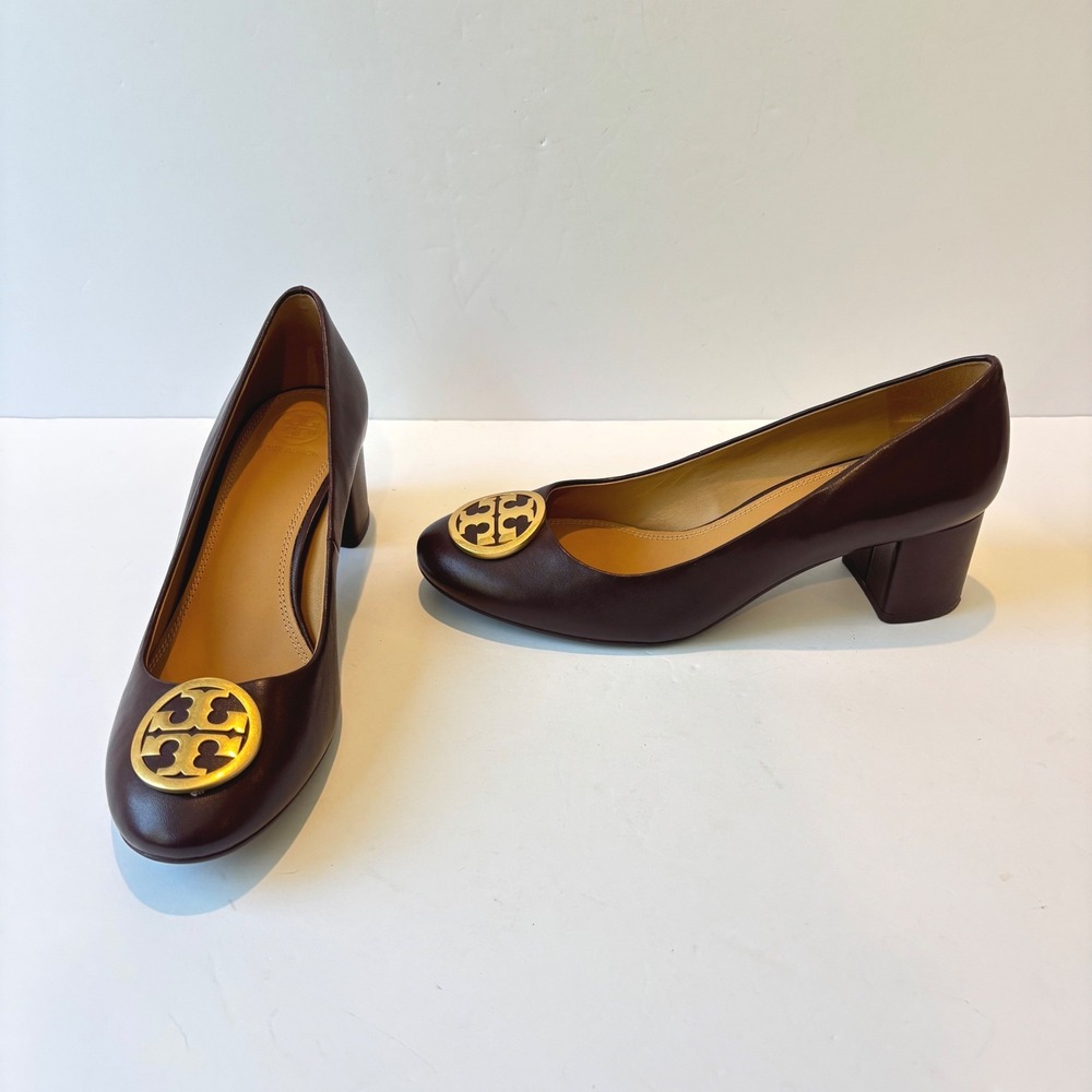 Tory Burch Benton Leather Pumps Shoes Burgandy Block Heel Gold Logo Size 8.5
